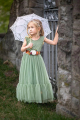 Sleeveless Sage Green Flower Girl Dress- Mermaid Bottom Layer