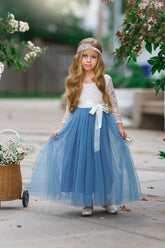 Dusty Blue Flower Girl Dress with Lace Bodice and Tulle Skirt
