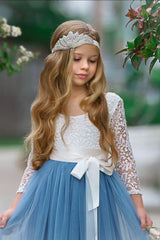 Dusty Blue Flower Girl Dress with Lace Bodice and Tulle Skirt