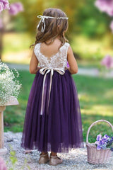 Sleeveless Lace Flower Girl Dress - Eggplant Purple Tulle