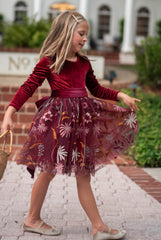 Burgundy Velvet Flower Girl Dress with Embroidered Skirt