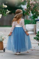 Dusty Blue Flower Girl Dress with Lace Bodice and Tulle Skirt