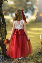Sleeveless Burnt Orange Tulle and Lace Flower Girl Dress-magical fall dress