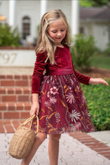 Burgundy Velvet Flower Girl Dress with Embroidered Skirt