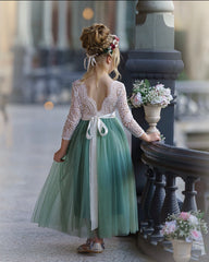 Sage Green Flower Girl Dress with Lace Bodice and Tulle Skirt