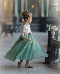 Sage Green Flower Girl Dress with Lace Bodice and Tulle Skirt