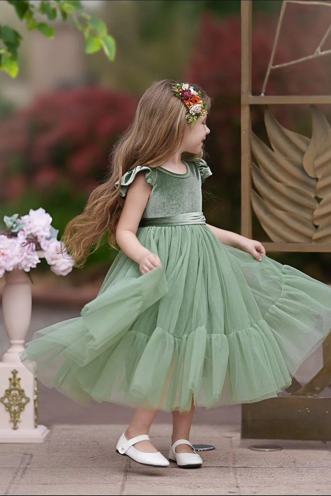 Sage Green Velvet and Tulle Flower Girl Dress