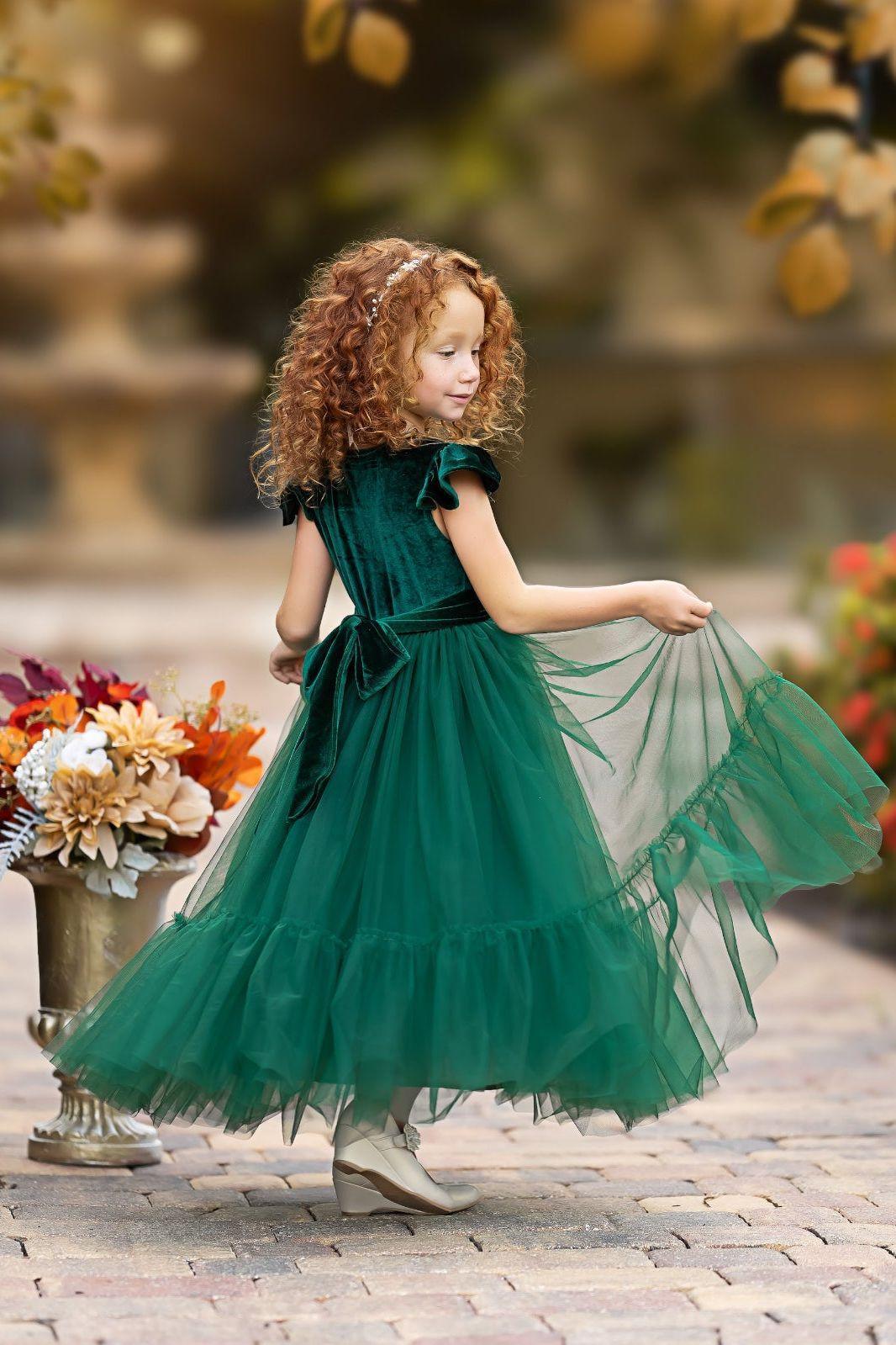 Hunter Green Velvet and Tulle Flower Girl Dress