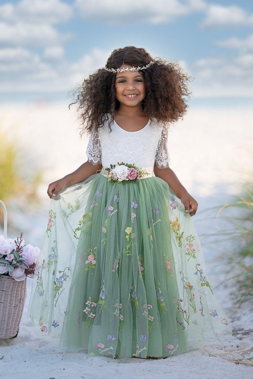 Short Sleeve Floral Embroidered Flower Girl Dress - Sage Gree