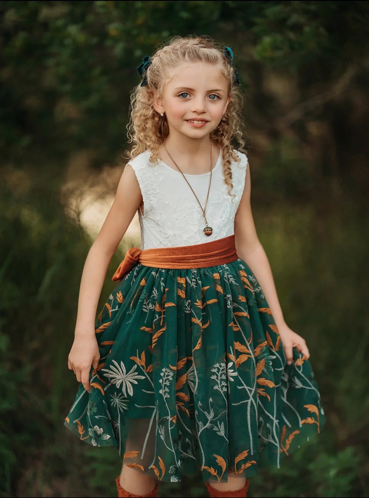 Flower Girl Dress – White Lace Bodice & Forest Green Embroidered Skirt