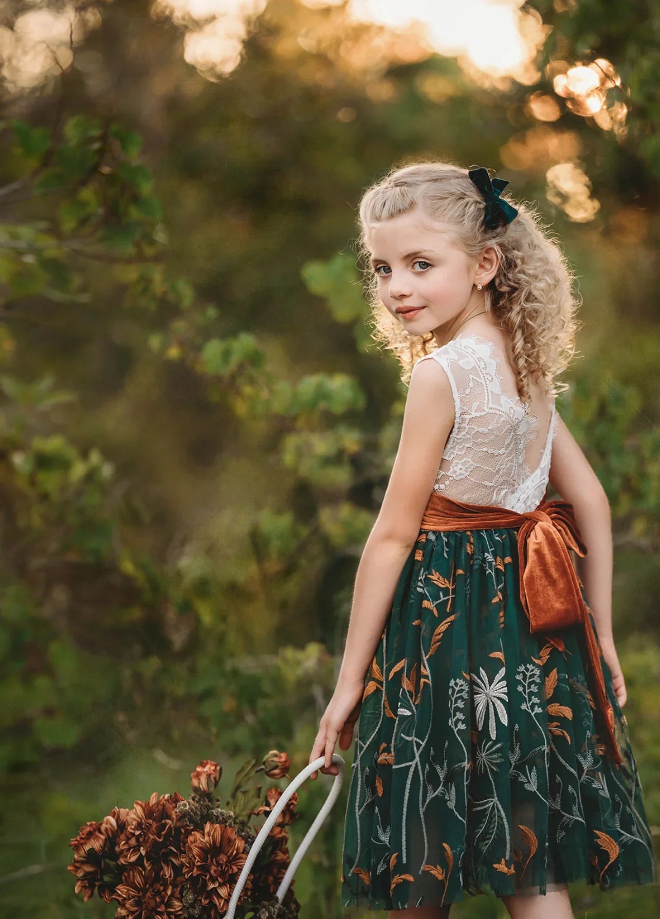 Flower Girl Dress – White Lace Bodice & Forest Green Embroidered Skirt
