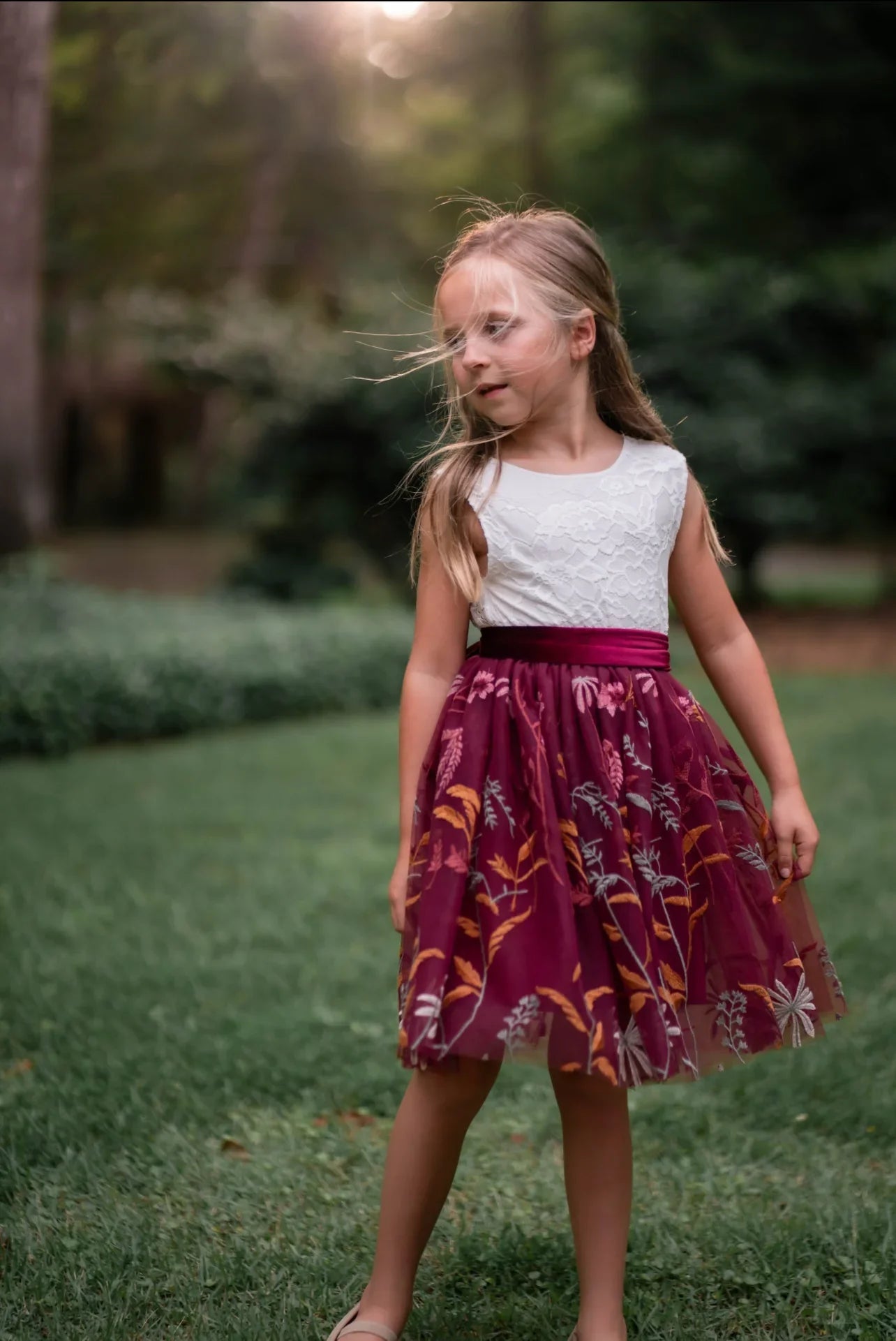 Flower Girl Dress - White Lace Bodice & Burgundy Embroidered Skirt