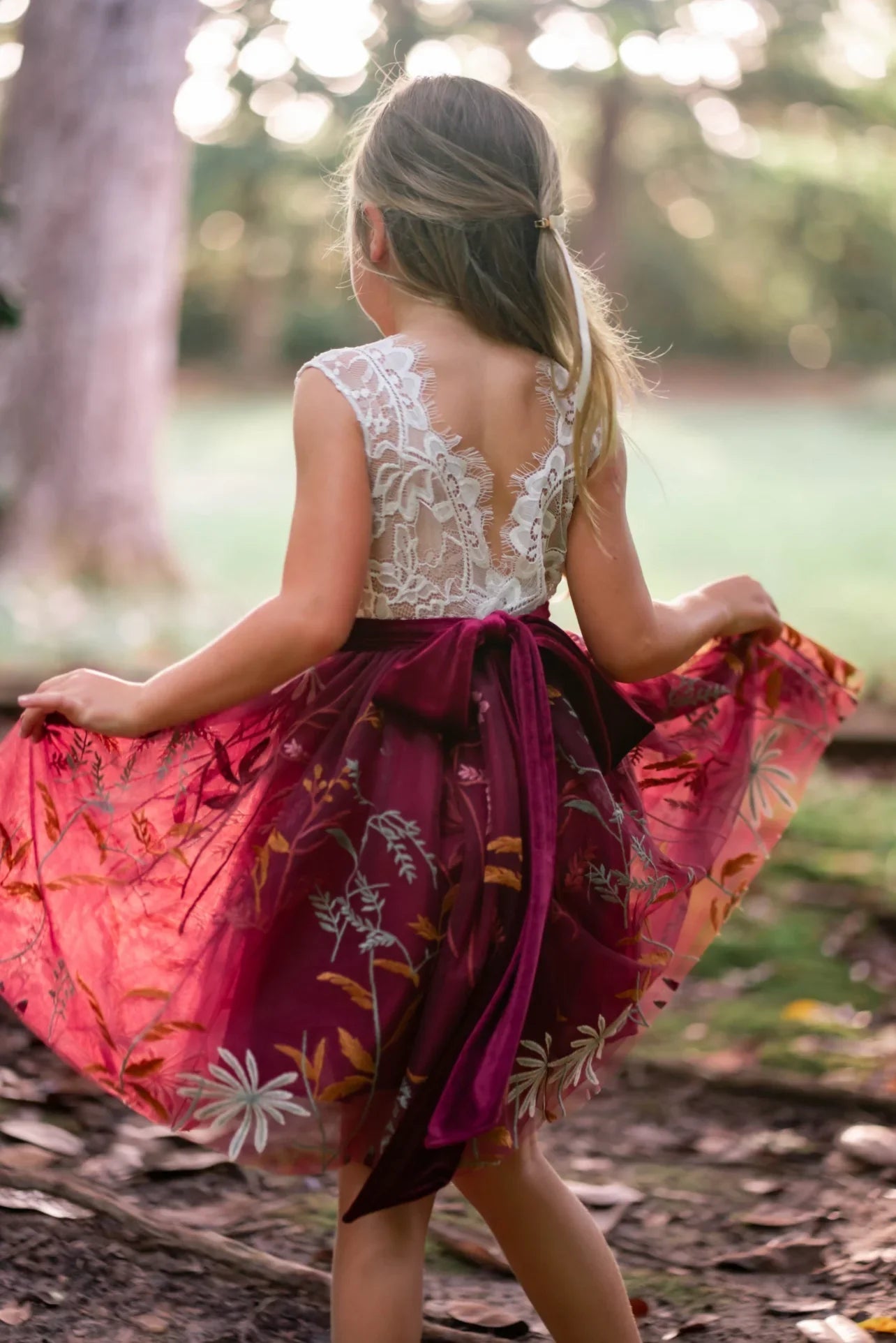 Flower Girl Dress - White Lace Bodice & Burgundy Embroidered Skirt