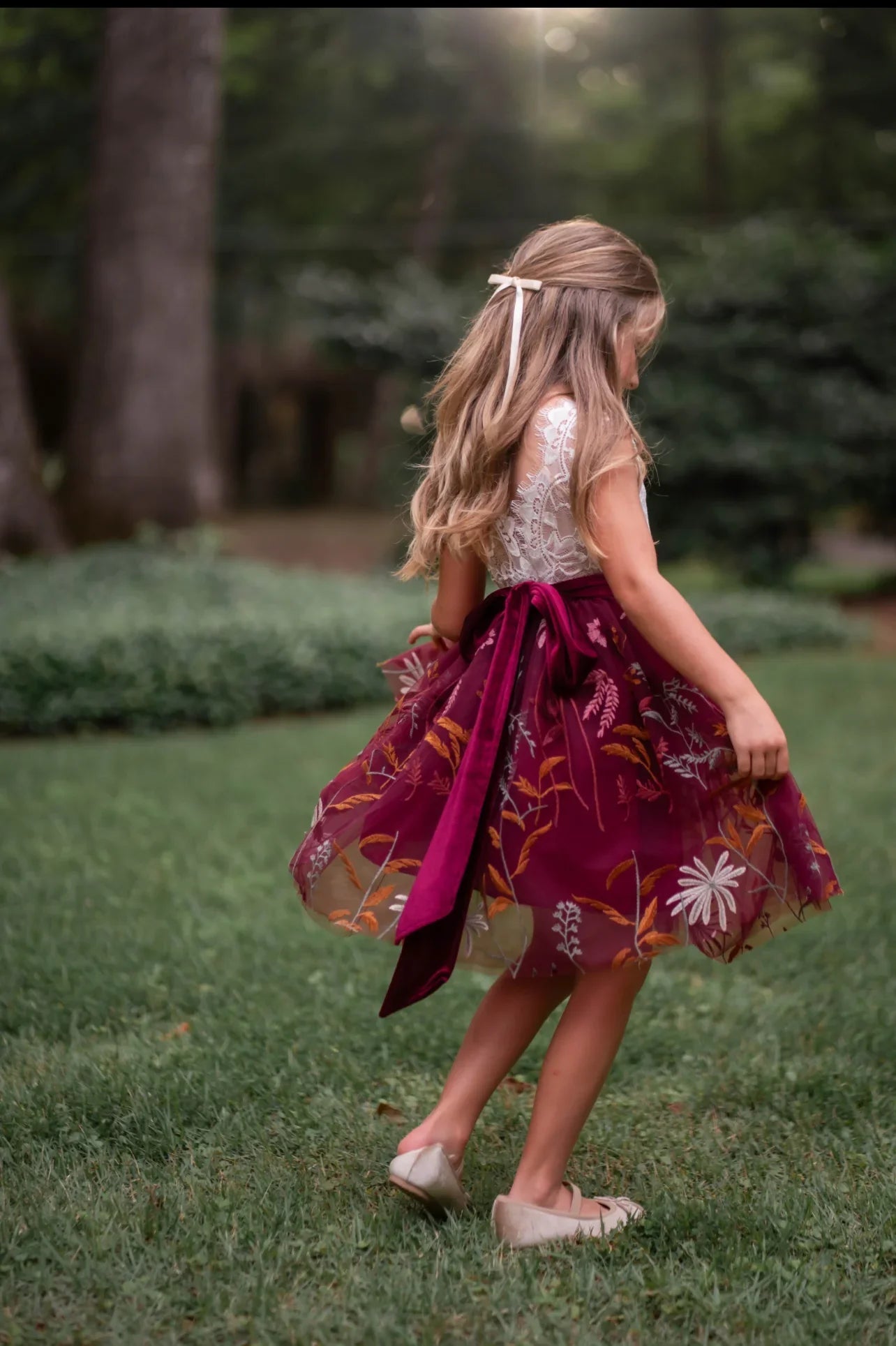 Flower Girl Dress - White Lace Bodice & Burgundy Embroidered Skirt