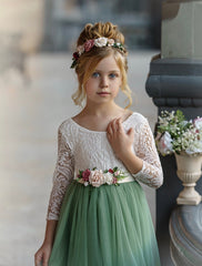 Sage Green Flower Girl Dress with Lace Bodice and Tulle Skirt