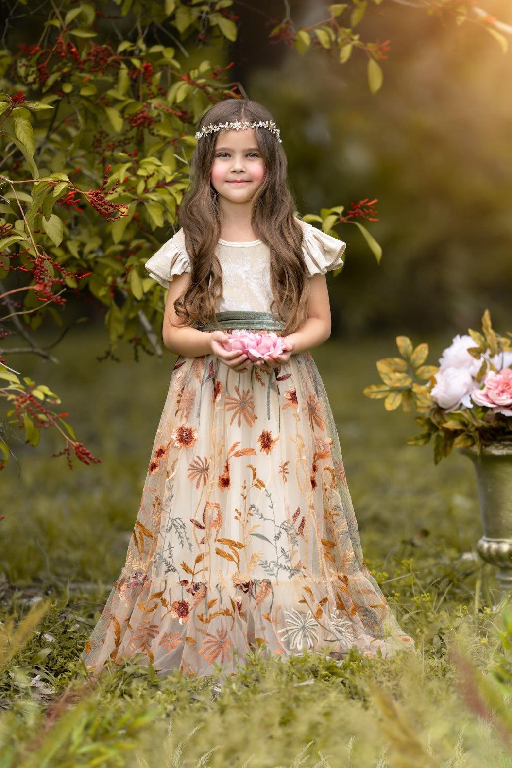 Champagne Velvet Flower Girl Dress - Floral