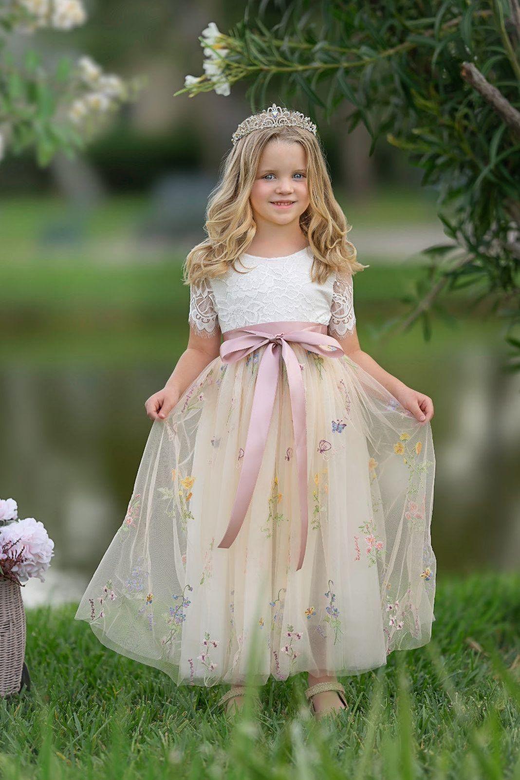 Short Sleeve Wildflower Floral Embroidered Flower Girl Dress- Champagne