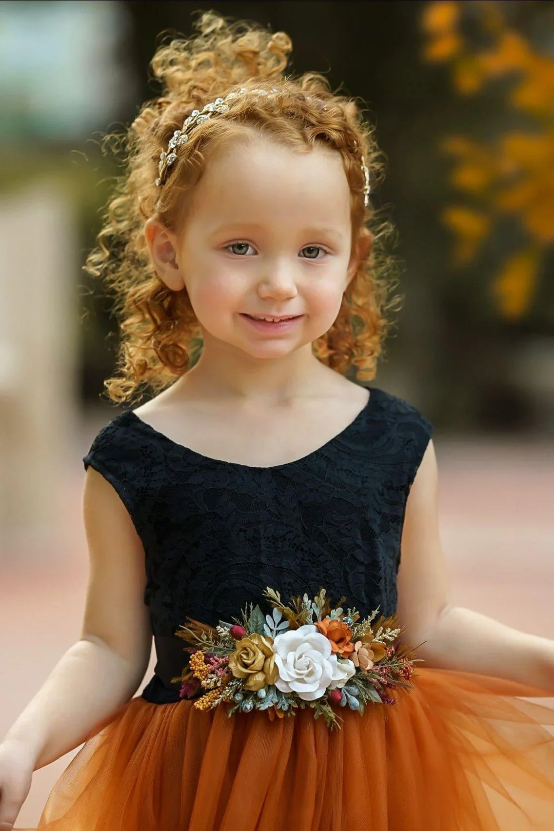 Sleeveless Black and Burnt Orange Flower Girl Dress