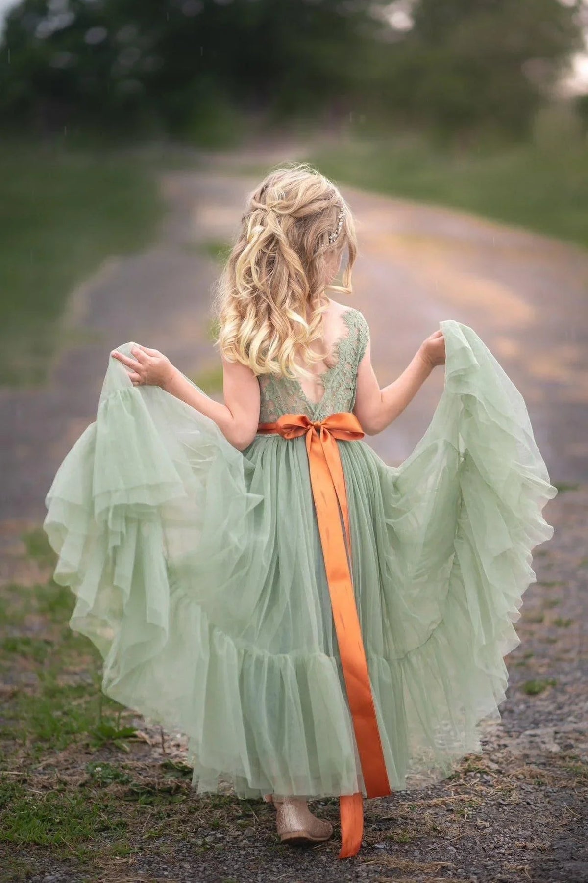 Sleeveless Sage Green Flower Girl Dress- Mermaid Bottom Layer