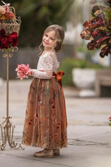 Long Sleeve Lace Tulle Flower Girl Dress for Fall Weddings - Burnt Orange
