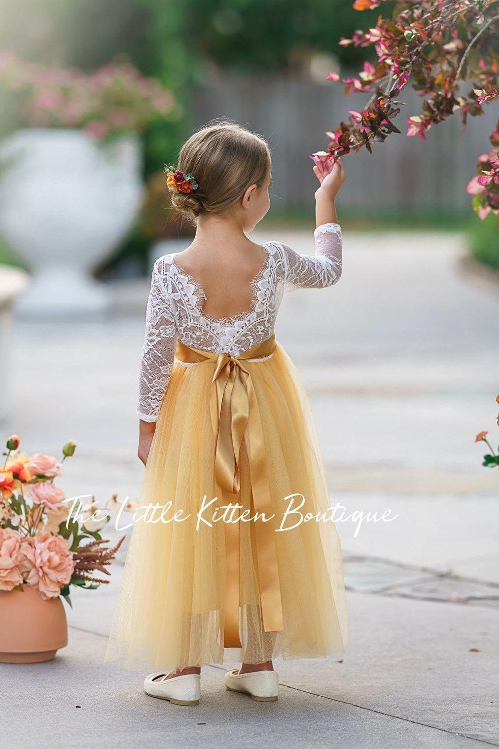 Fall Inspired, Long Sleeve Marigold Flower Girl Dress